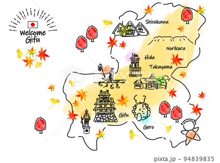 秋の岐阜県の観光地のシンプル線画イラストマップ 94839835