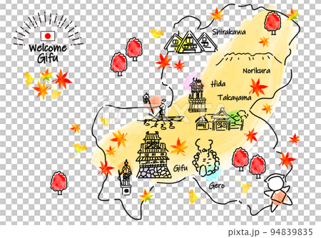 秋の岐阜県の観光地のシンプル線画イラストマップ 94839835