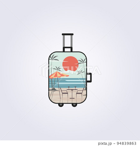 beach journey illustration in suitcase frame , adventure trip travel vacation logo vector illustration design, vintage retro poster style and flat design 94839863