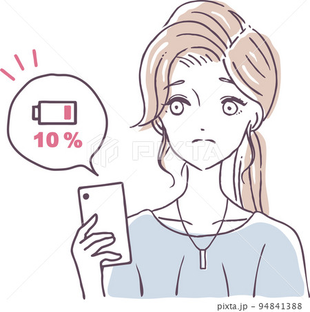 スマホ　スマートフォン　充電がない　バッテリー消耗　悩む　困る　女性　イラスト素材 94841388