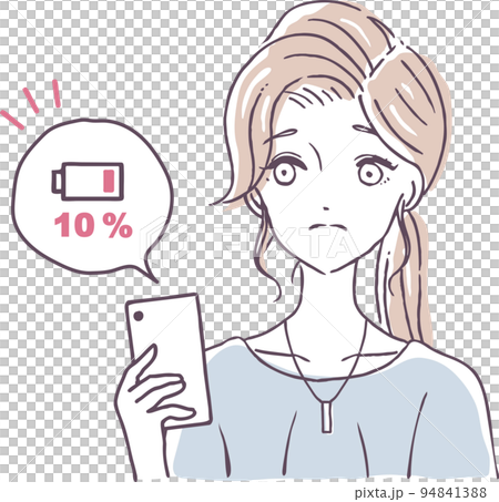 スマホ　スマートフォン　充電がない　バッテリー消耗　悩む　困る　女性　イラスト素材 94841388