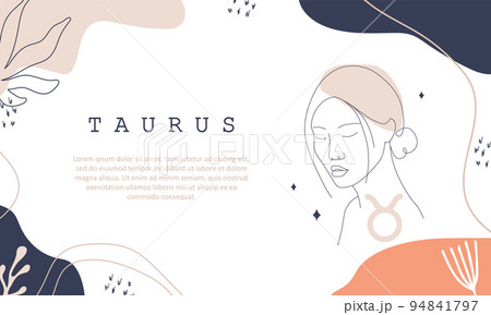 Taurus zodiac sign. One line drawing. Astrological icon with abstract woman face. Mystery and esoteric outline background. Astrology horizontal banner. Linear vector illustration in minimalist style 94841797