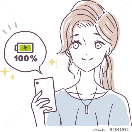 タイトル : スマホ　充電　ばっちり　満タン　100%　安心　女性　イラスト　素材 94841956