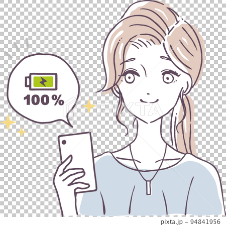タイトル : スマホ　充電　ばっちり　満タン　100%　安心　女性　イラスト　素材 94841956