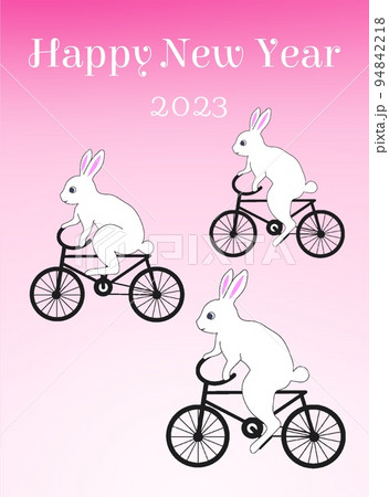2023年度年賀状、ウサギのイラスト、卯年の年賀状、自転車うさぎの年賀状、うさぎ達のサイクリング 94842218