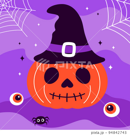 halloween vector illustration with cute pumpkin in witch hat halloween vector illustration with cute pumpkin in witch hat 94842743