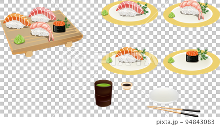 壽司、醬汁、盤子、綠茶、杯子、筷子、醬油、三文魚、金槍魚、大肥金槍魚、蝦、三文魚子、小菜、芥末、金盤 壽司、醬汁、盤子、綠茶、杯子、筷子、醬油、三文魚、金槍魚、大肥金槍魚、蝦、三文魚子、小菜、芥末、金盤 94843083