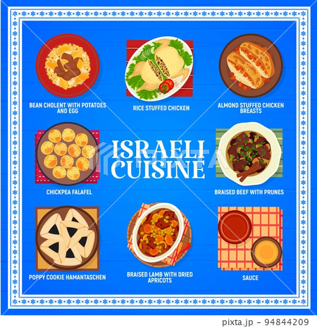 Israeli cuisine restaurant menu. Bean cholent, braised lamb with apricots and cookie Hamantaschen, sauce, rice stuffed chicken and almond stuffed chicken breasts, beef with prunes, chickpea falafel 94844209