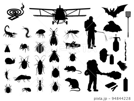 Pests control equipment, insects and animals vector silhouettes. Mosquito coil, plane and exterminator, aerosol flyswatter and flypaper, rat, locust and mosquito, termite, spider and snail, scorpion 94844228