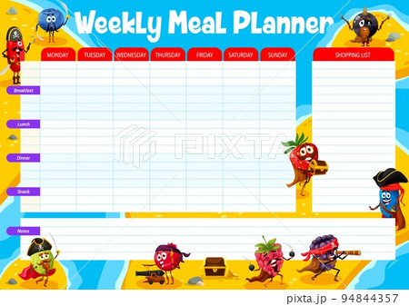 Weekly meal planner. Cartoon berry pirates and corsairs on island. Meal menu vector schedule, diet everyday planner or healthy eating daily timetable shedule with berry pirate funny characters 94844357