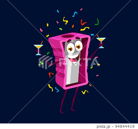 Holiday birthday celebration, cartoon sharpener character. Vector school or office stationery personage holding cocktail glasses under falling confetti. Joyful sharpening tool celebrate party Holiday birthday celebration, cartoon sharpener character. Vector school or office stationery personage holding cocktail glasses under falling confetti. Joyful sharpening tool celebrate party 94844419