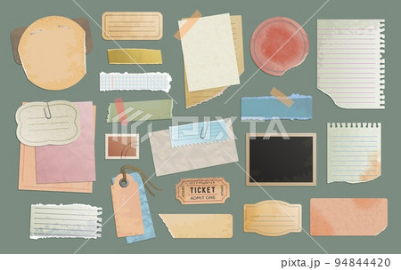 Scrapbook paper notes, torn page stickers and notebook scrap memos, vector vintage retro elements. Scrapbook tags on adhesive tape, message card frames and cardboard notes or torn page memos on pins Scrapbook paper notes, torn page stickers and notebook scrap memos, vector vintage retro elements. Scrapbook tags on adhesive tape, message card frames and cardboard notes or torn page memos on pins 94844420