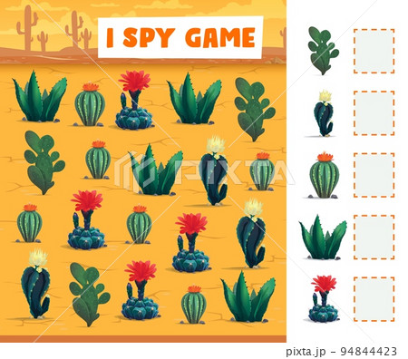 Cactuses in mexican desert I spy game vector worksheet. Count education puzzle, riddle or quiz on cartoon background of nature landscape with opuntia, aloe and consolea, succulent plants and flowers Cactuses in mexican desert I spy game vector worksheet. Count education puzzle, riddle or quiz on cartoon background of nature landscape with opuntia, aloe and consolea, succulent plants and flowers 94844423