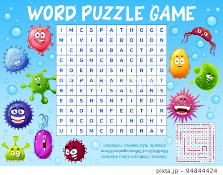 Cartoon germs, viruses and microbes, word search puzzle game worksheet, kids quiz grid. Vector crossword brainteaser, riddle for children with cartoon pathogens and latin letters in square field 94844424