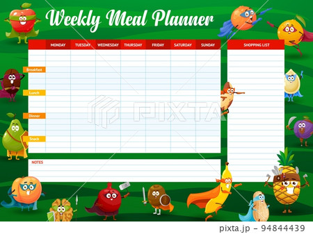 Cartoon cheerful fruits superhero and defender characters. Weekly meal planner schedule. Diet organizer check list with apple, coffee and pear, pumpkin, walnut, pomegranate and kiwi hero personages Cartoon cheerful fruits superhero and defender characters. Weekly meal planner schedule. Diet organizer check list with apple, coffee and pear, pumpkin, walnut, pomegranate and kiwi hero personages 94844439