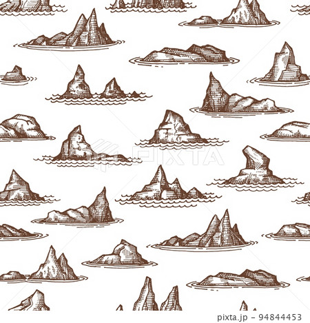 Rocks outliers, reefs and shallows seamless pattern, vector background. Sea reefs or ocean island stones and beach rocks with coast shore cliffs and mountains in water waves, sketch monochrome pattern 94844453