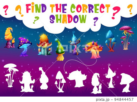 Find the correct shadow of magic mushroom. Kids game vector worksheet, educational quiz or preschool children puzzle. Silhouette compare riddle with luminous fantasy mushrooms or fungi 94844457