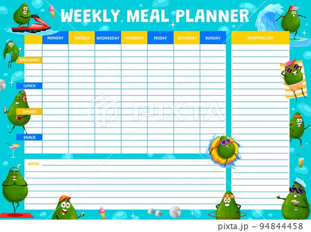Weekly meal planner with cartoon avocado characters on summer vacation. Vector food plan for week. Calendar menu for breakfast, lunch, dinner and snack with shopping list and funny avocado on vacation 94844458