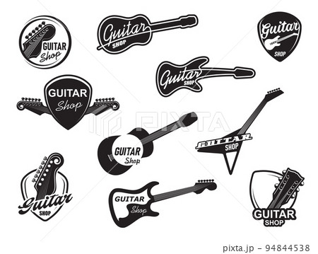 Electric and acoustic guitar music instruments shop icons. Music equipment store, maintenance and repair service workshop monochrome vector icons with electric guitar and pick symbols Electric and acoustic guitar music instruments shop icons. Music equipment store, maintenance and repair service workshop monochrome vector icons with electric guitar and pick symbols 94844538