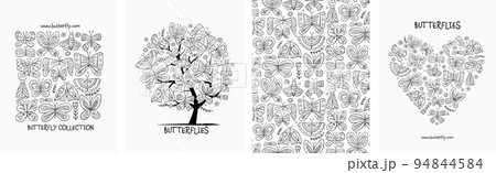 Butterflies collection - frame, tree, backdrop, heart shape. Concept art for your project. Creative template for cards, banner, social media, print promotional materials. Vector illustration 94844584