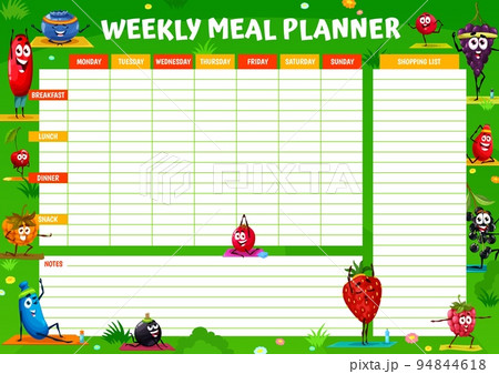 Weekly meal planner. Cartoon berry characters on yoga fitness. Nutrition plan vector timetable, meal menu week schedule with blackcurrant, cowberry and grape, honeyberry, cloudberry, strawberry Weekly meal planner. Cartoon berry characters on yoga fitness. Nutrition plan vector timetable, meal menu week schedule with blackcurrant, cowberry and grape, honeyberry, cloudberry, strawberry 94844618