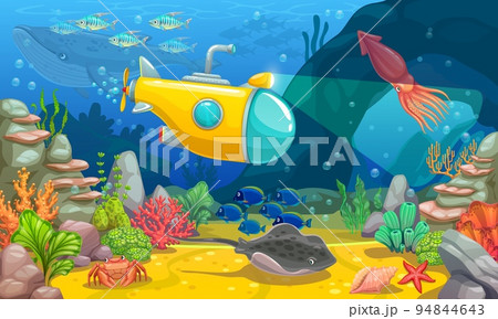 Underwater game landscape with submarine. Cartoon vector sea bottom with fishes, corals, marine plants and animals. Tropical ocean floor scene with bathyscaphe illuminate hidden cave or grotto in rock Underwater game landscape with submarine. Cartoon vector sea bottom with fishes, corals, marine plants and animals. Tropical ocean floor scene with bathyscaphe illuminate hidden cave or grotto in rock 94844643