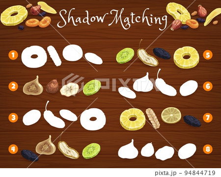 Shadow matching game worksheet. Dried fruits. Kids quiz or riddle, preschool children educational game or children vector puzzle with dried prune, mango and fig, dogwood, lemon and kiwi, pineapple 94844719