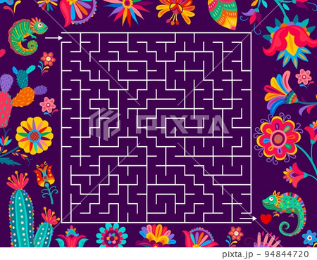 Labyrinth maze game worksheet. Find a way to mexican chameleon couple. Kids puzzle, riddle vector worksheet or child game quiz book page with search way activity, mexican floral ornaments, lizard 94844720