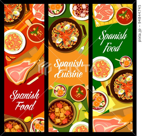 Spanish cuisine restaurant food banners. Garlic shrimp Gambas al Ajillo, Sangria and braised octopus Pulpo a la Gallega, Iberian ham, bean and chorizo sausage stew Fabada and seafood paella, gazpacho 94844745