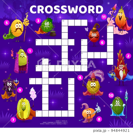 Crossword quiz game grid. Cartoon fruit mage, wizard and magician characters. Kids vocabulary game, crossword vector worksheet with melon, bergamot and quince, starfruit, kiwi and dragon fruit, durian 94844921