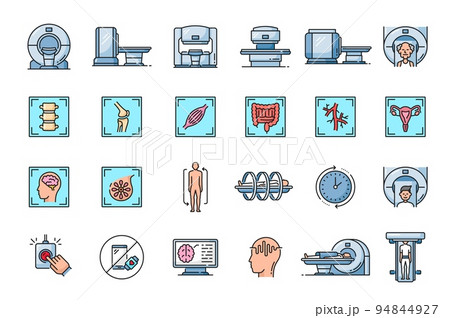 MRI scan diagnostic color icons. Medicine diagnostic equipment, hospital MRI scanner outline symbols, healthcare magnetic resonance imaging machine vector icons with human organs, patients on testing MRI scan diagnostic color icons. Medicine diagnostic equipment, hospital MRI scanner outline symbols, healthcare magnetic resonance imaging machine vector icons with human organs, patients on testing 94844927