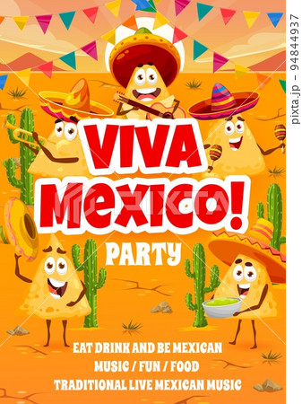 Viva Mexico party flyer with Mexican nachos chips characters, vector background. Latin holiday fiesta and music party poster with mariachi cartoon nachos in sombreros with guitar, maraca and guacamole 94844937