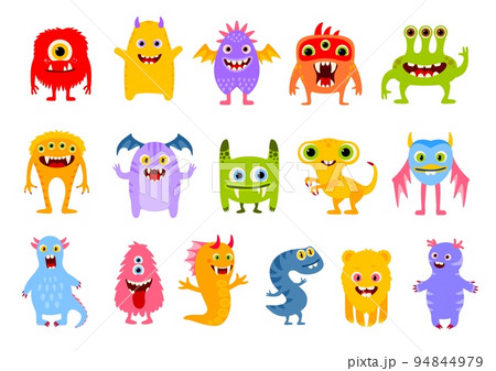 Cartoon funny monster characters. Cute comic halloween joyful personages. Isolated vector devils, goblins, ugly aliens, kawaii smiling creatures. Mutants with horns, wings, fangs and eyes, tongues Cartoon funny monster characters. Cute comic halloween joyful personages. Isolated vector devils, goblins, ugly aliens, kawaii smiling creatures. Mutants with horns, wings, fangs and eyes, tongues 94844979