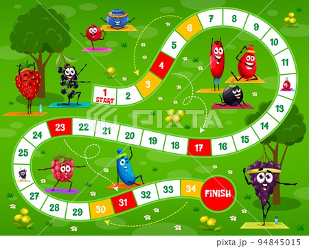Kids board game. Cartoon berry characters on yoga fitness. Dice game, roll and move kids playing activity vector worksheet with grape, gooseberry, raspberry and elderberry, honeysuckle, strawberry Kids board game. Cartoon berry characters on yoga fitness. Dice game, roll and move kids playing activity vector worksheet with grape, gooseberry, raspberry and elderberry, honeysuckle, strawberry 94845015