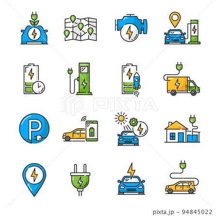 Electric car charge color icons. EV vehicle battery power recharge hybrid car charging station outline vector icons set with charging stations map, power plug and electric automobile engine symbols 94845022