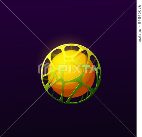 Cartoon yellow cage planet or star, fantastic space world or fantasy galaxy game vector icon. Alien earth or sun in green cage net, cyber tech and futuristic space planet in galactic universe 94845026