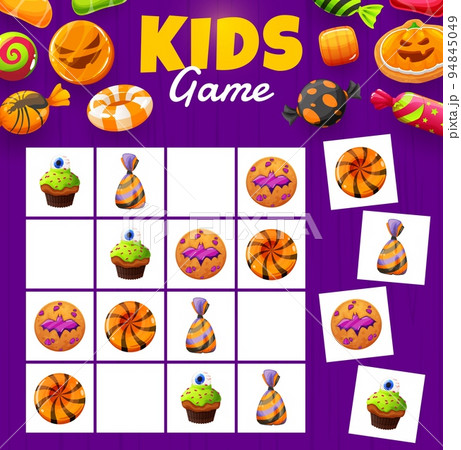 Halloween sudoku game. Sweets, cookie and cakes. Kids intelligence puzzle, rebus quiz or sudoku game vector worksheet with Halloween spooky cookies, chocolate and jelly candies, sweet cupcakes Halloween sudoku game. Sweets, cookie and cakes. Kids intelligence puzzle, rebus quiz or sudoku game vector worksheet with Halloween spooky cookies, chocolate and jelly candies, sweet cupcakes 94845049