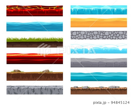 Soil ground layer, cartoon game level surface landscape. Vector textures of lava, ice, sea, water pond, paved road, green field, desert sand cross section view. Cartoon textured graphic ui background 94845124