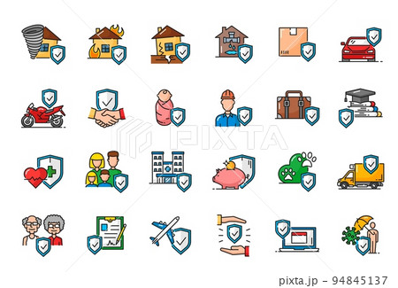Color insurance outline icons, health safety and business, ambulance and travel, vector shields. Insurance icons for car accident or house disaster and family life, medical care and finances insurance 94845137