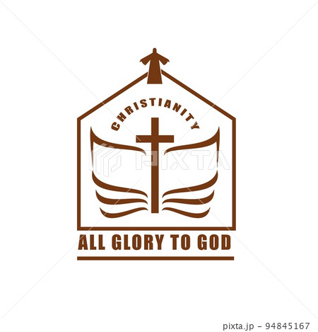 Christianity religion icon with Bible and cross. Christian church or confession thin line vector symbol. Christianity symbol o emblem with sacred book and Jesus Christ silhouette 94845167
