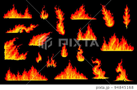 Cartoon bonfire fire flames. Hell fire lines or borders set. Bonfire flame vector dividers, fireplace and forest wildfire natural disaster orange and red, hot fire separators set 94845168