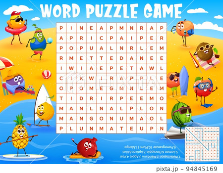 Cartoon fruits characters on summer beach vacation vector word search puzzle, kids game worksheet. Quiz grid riddle with background frame of ocean beach with happy mango, apple, watermelon, pineapple 94845169