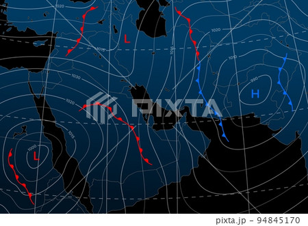 Forecast weather night isobar map of middle east. Wind front, temperature diagram. Vector meteorological topography, cartography generic background with red or blue lines, circles, relief, dark fields 94845170