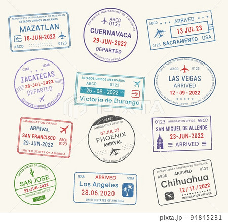 Passport travel stamps, journey visa of airport arrival and departure, vector. International passport travel stamps of Mexico, Las Vegas, Los Angeles, San Francisco and Phenix, San Jose and Sacramento 94845231