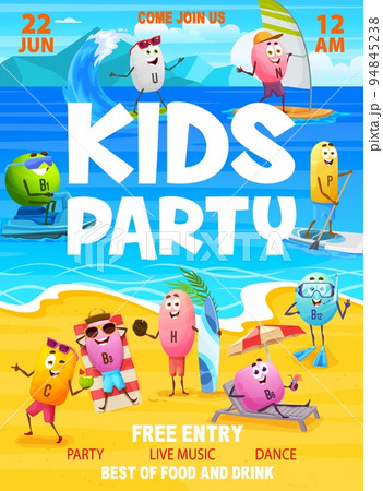 Kids party flyer. Cartoon vitamin characters on summer beach vacation. Kids party vector poster or placard with cute A, B, C, D vitamins personages sunbathing, SUP surfing and diving Kids party flyer. Cartoon vitamin characters on summer beach vacation. Kids party vector poster or placard with cute A, B, C, D vitamins personages sunbathing, SUP surfing and diving 94845238