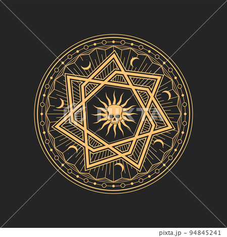 Occult and esoteric pentagram, magical tarot talisman, golden mason symbol with skull, sun and moon. Vector mystic symbol of alchemy and esoteric Occult and esoteric pentagram, magical tarot talisman, golden mason symbol with skull, sun and moon. Vector mystic symbol of alchemy and esoteric 94845241
