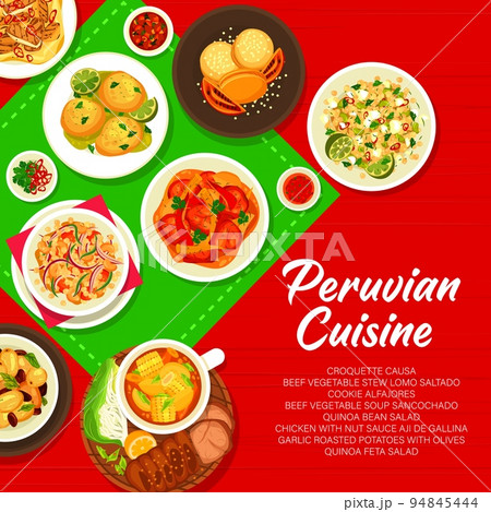 Peruvian cuisine menu cover page. Cookie Alfajores, quinoa feta salad and potatoes with olives, Lomo Saltado, Causa croquettes and soup Sancochado, quinoa bean salad, chicken with sauce Aji de Gallina 94845444
