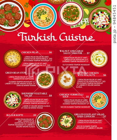 Turkish cuisine food menu page. Circassian chicken, chicken pilaf and sauce Tarator, Shepherd salad, chicken vermicelli soup and grilled eggplant salad Baba Ganoush, bulgur Kofte, green bean stew 94845451