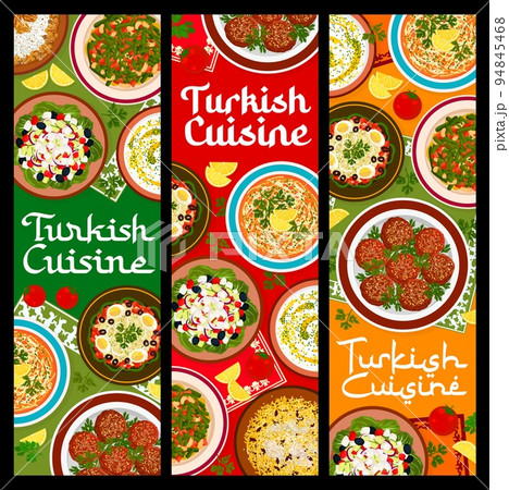 Turkish cuisine restaurant meals banners. Shepherd salad, chicken pilaf and green bean stew, grilled eggplant salad Baba ganoush, Circassian chicken and vermicelli soup, sauce Tarator, bulgur Kofte Turkish cuisine restaurant meals banners. Shepherd salad, chicken pilaf and green bean stew, grilled eggplant salad Baba ganoush, Circassian chicken and vermicelli soup, sauce Tarator, bulgur Kofte 94845468