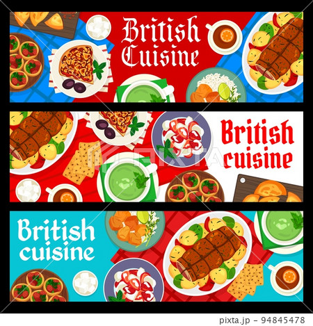 British cuisine meals banners. Sorrel cream soup, roast beef with baked potatoes and cornish pastry, plum crumble pie, Tikka Masala and strawberry meringue dessert Eton Mess, tea, yorkshire pudding 94845478